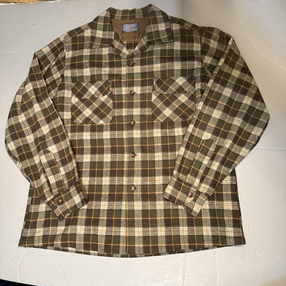 VTG 60s Pendleton Wool Board Shirt Large Loop Collar Button Plaid Green RARE